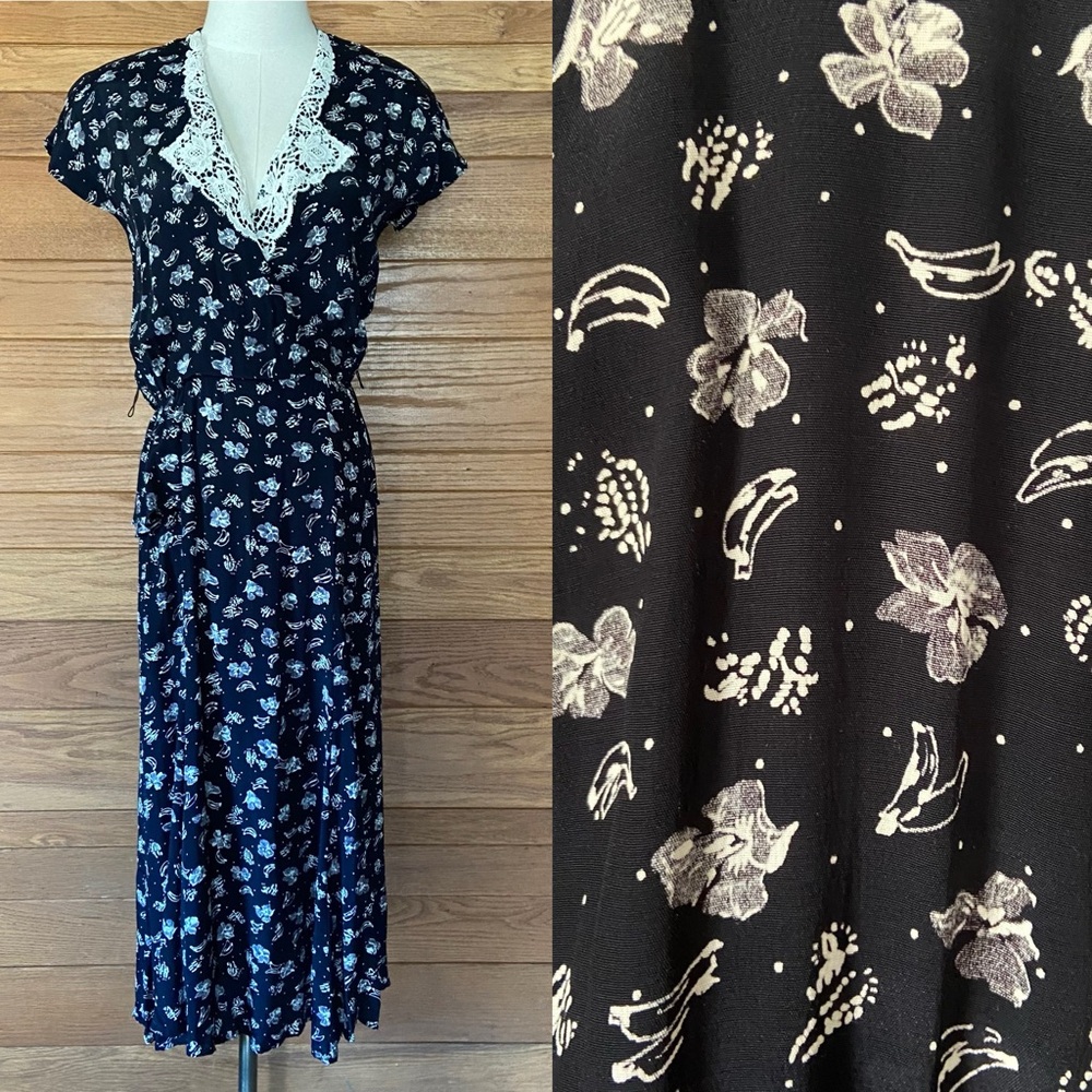 Vintage 80s does 40s Carole Little banana flower print peplum midi dress